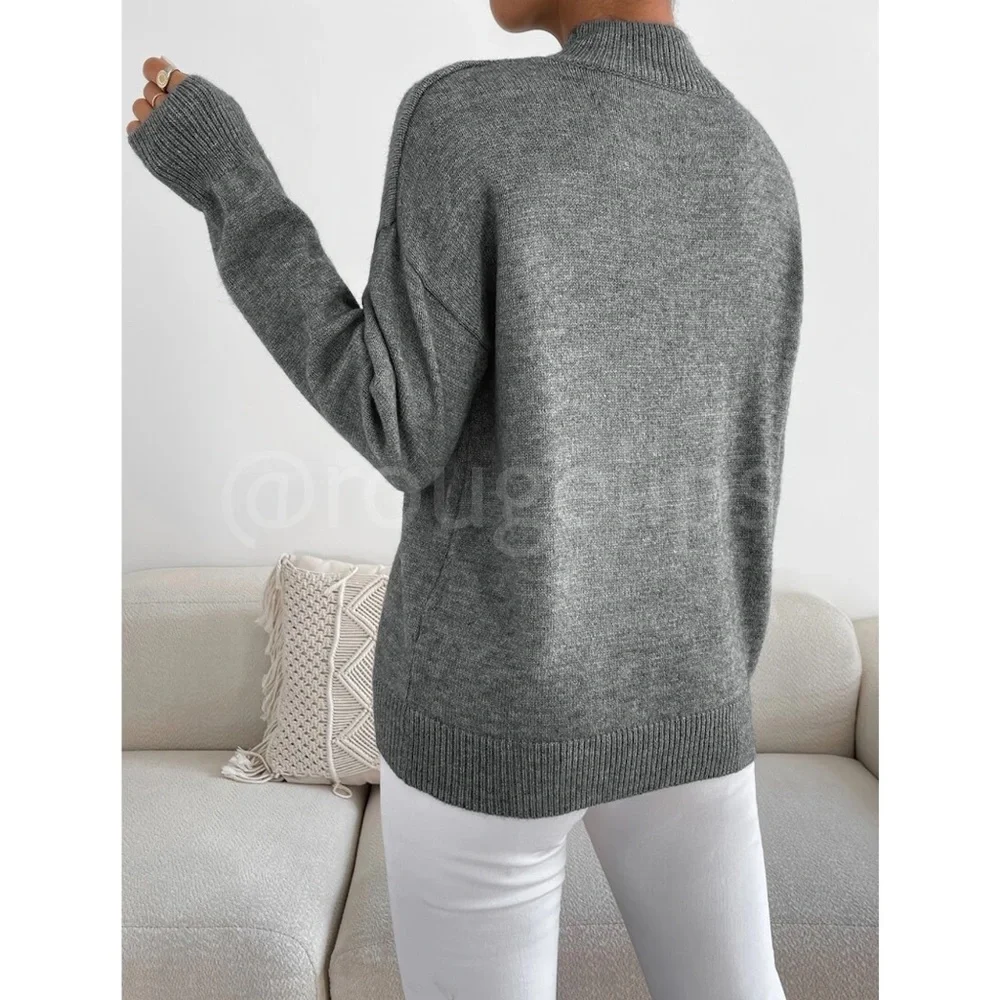 Grey Turtleneck Knit Pullover Sweater Long Sleeve - Picture 4 of 7